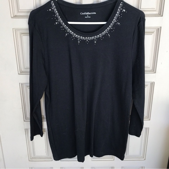 Croft & Barrow Tee Shirt Round Neck Blk SzL Beaded Neckline 3/4 Sleeves Nice - Picture 7 of 7